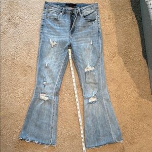 Blue Flare Wide Leg Jeans with Distressed Details
